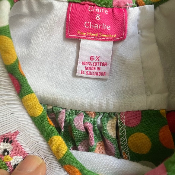 Claire & Charlie Smocked Dress Owl Polka Dot Green Party Girls Size 6X - Picture 6 of 7